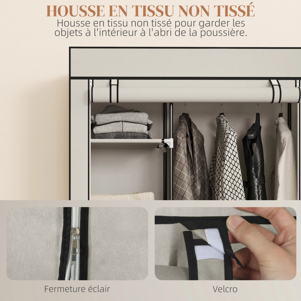 Armadio guardaroba in tessuto ¨C Xylo ¨C con ante, cassetti, ripiani e rotelle, 103x43x162,5cm crema