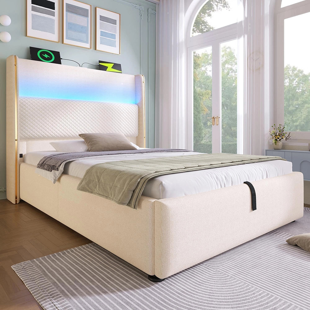 Letto 90x200cm?- Xylo - idraulico LED USB lino beige