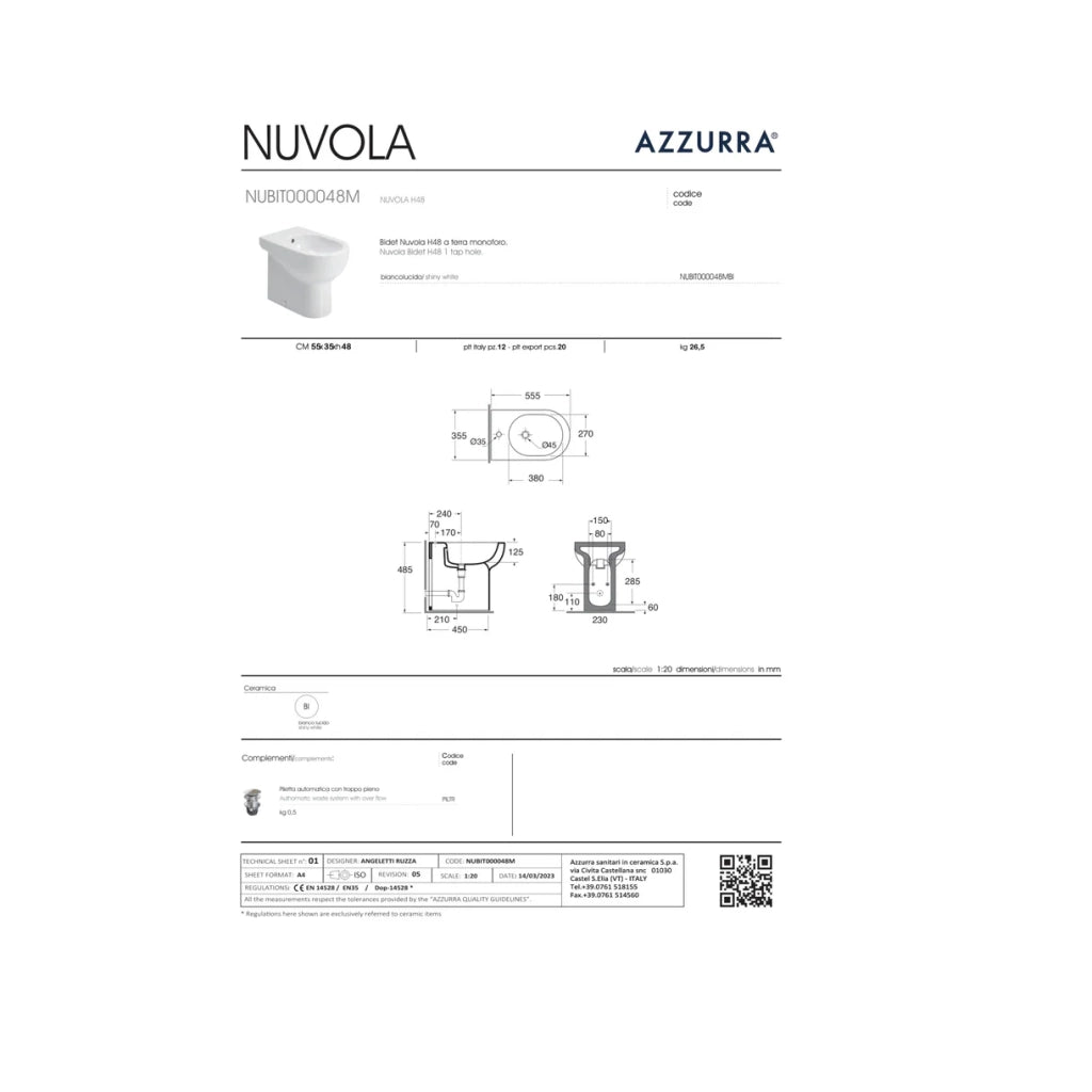 Bidet a Terra H 48 Azzurra Ceramica "Nuvola" Bianco Lucido