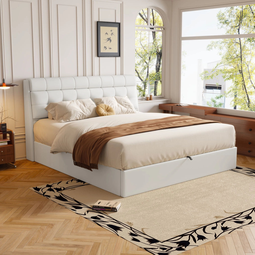 Letto imbottito con contenitore idraulico e testiera con vano nascosto; rivestimento in PU bianco; 160x200 cm; senza materasso