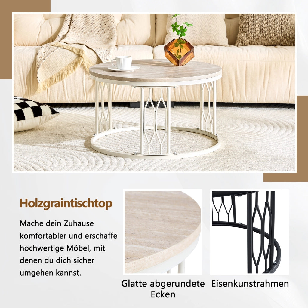 Tavolino basso rotondo in MDF effetto legno con struttura in metallo, per soggiorno, bianco, Ø 70 × 40,5 cm