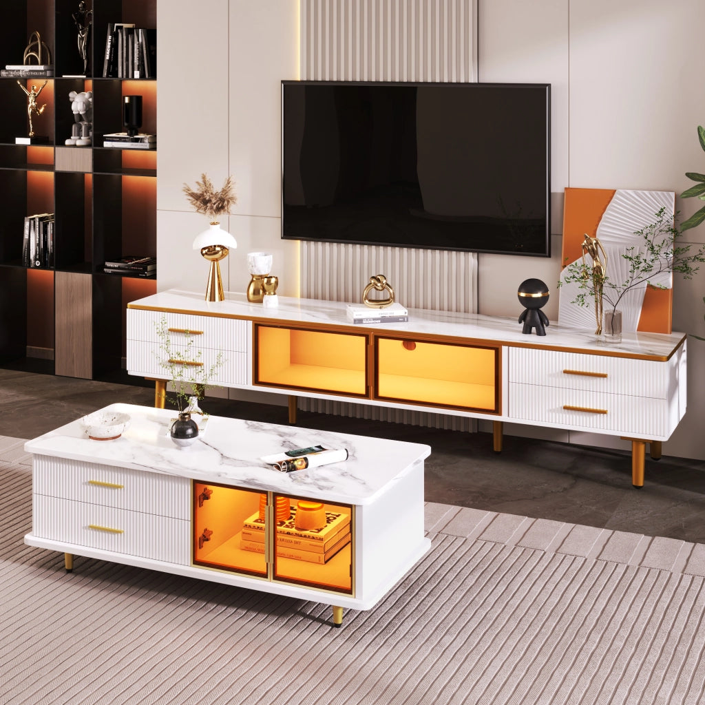OKWISH Set 2 Pezzi Mobile TV e Tavolino da Salotto, con LED, Cassetti e Ante, Pannello di Particelle Bianco