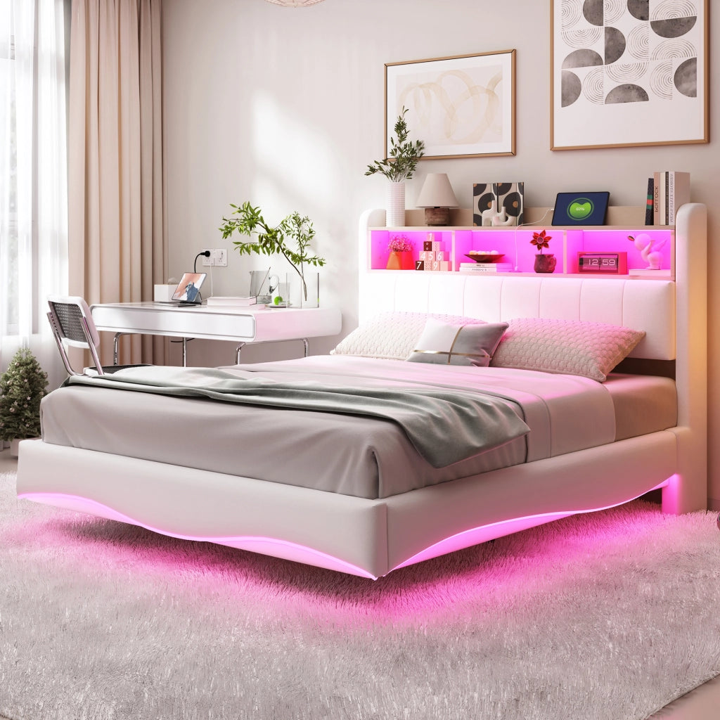 Letto Contenitore Imbottito con LED ¨C MINIMAL ¨C Tessuto Beige 140x200
