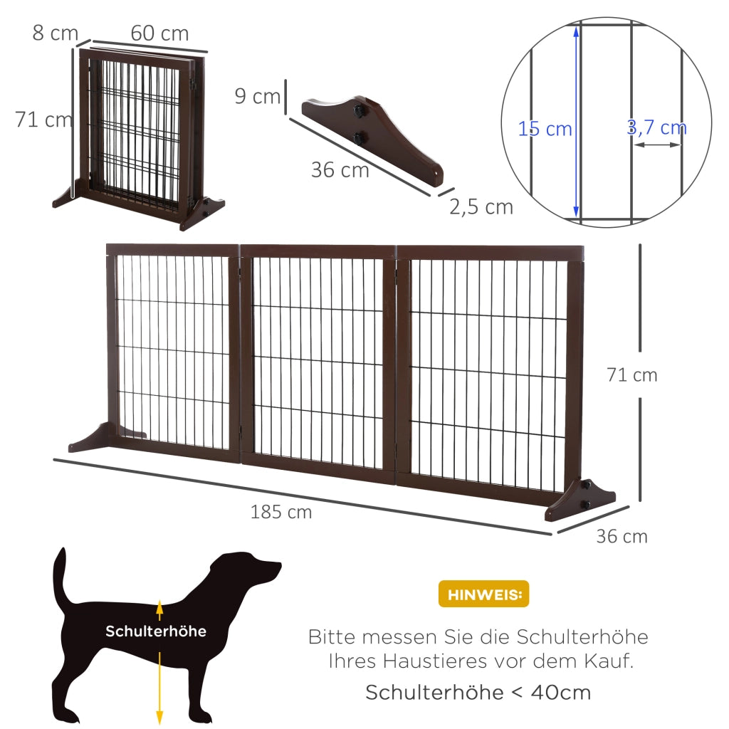 Cancello/barriera per cani in legno di pino, autoportante, marrone, 185x36x71 cm