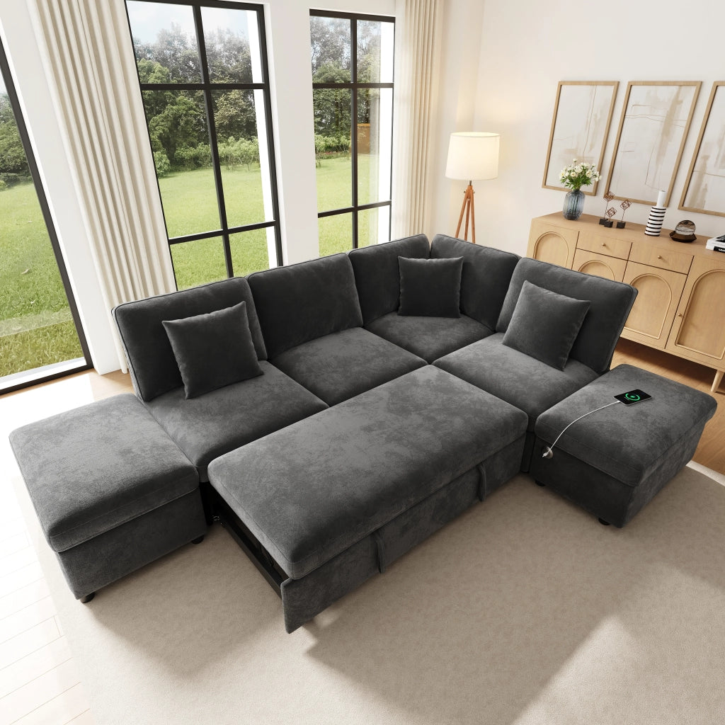 SOFA ANGOLARE MODULARE 247,5x172x87 cm in chenille grigio, con 2 pouf e 3 cuscini