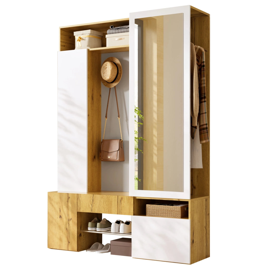 Garderobiera ingresso con specchio; scarpiera e appendiabiti in MDF 127x35x180;5 cm; bianco/naturale