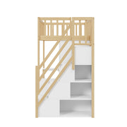 Letto a soppalco singolo 90×200 cm con armadio; scrivania e scala con cassetti; senza materasso; bianco e legno
