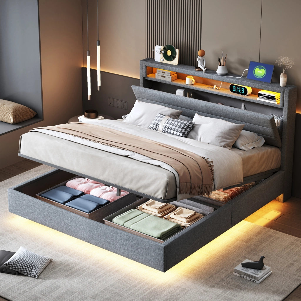 Letto matrimoniale imbottito fluttuante con contenitore idraulico; LED e porta USB; testiera girevole; lino grigio; 140x200 cm; senza materasso