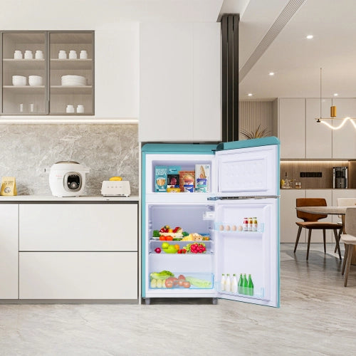 Frigorifero retrò; frigorifero a doppia porte; volume totale 72L; congelatore 21L; luce LED; efficiente energetico; ciano