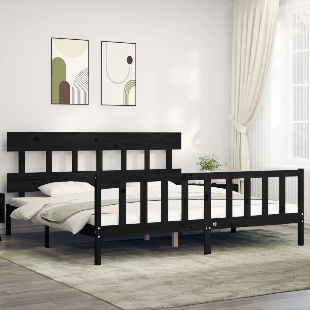 Giroletto con Testiera-Struttura Letto con testiera Nero 200x200 cm in Legno Massello 219820