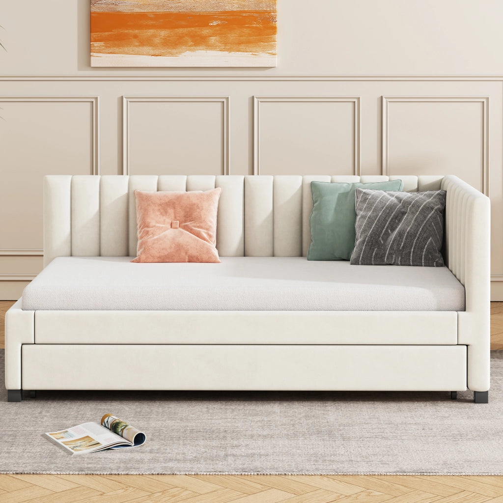 DESMIU Lit gigogne 90 × 200 cm 1 place con letto estraibile, senza materasso, in velluto beige