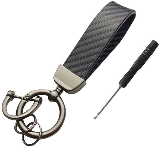 Sostegno chiavi in fibra di carbonio di alta qualità - Sostegno chiavi in pelle - Sostegno chiavi a anello - D - Rettangolare - 135 x 35 mm - Nero metallo