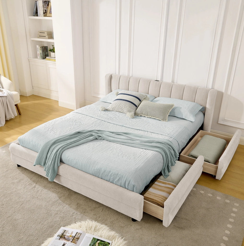 Letto matrimoniale 140x200 cm con 4 cassetti; porta USB; in chenille beige