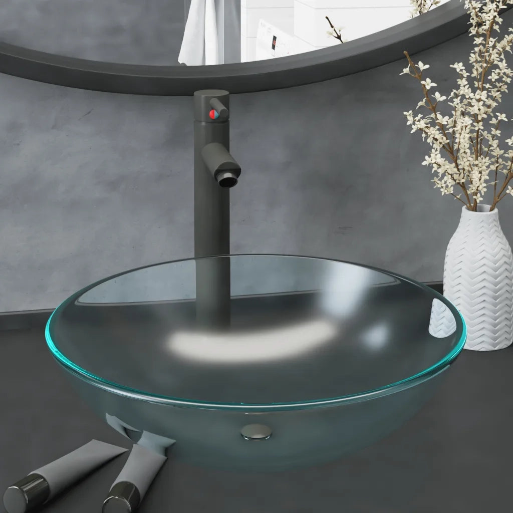 Lavandino con Rubinetto e Piletta-Lavabo-Lavello in Vetro Temperato Satinato 950467