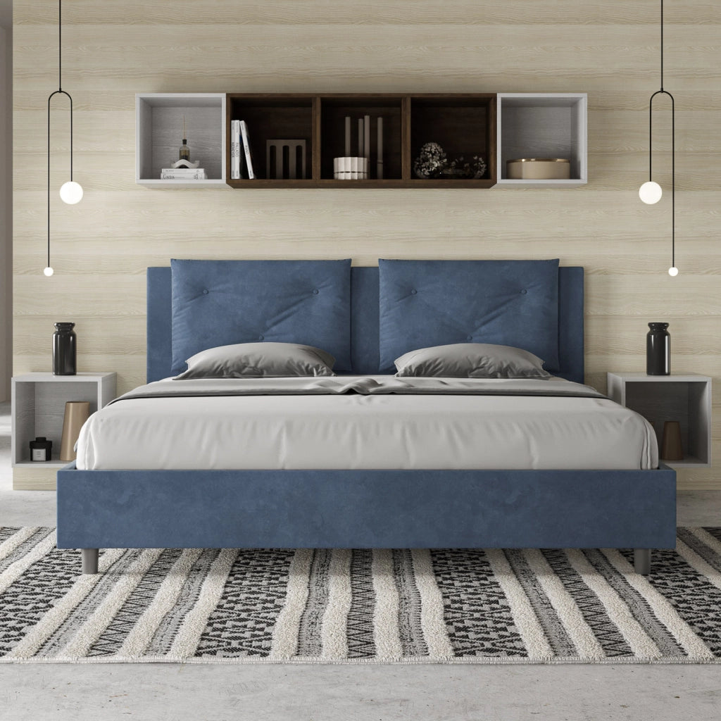 BS COM Letto matrimoniale king size con rete imbottito 170x210 microfibra blu
