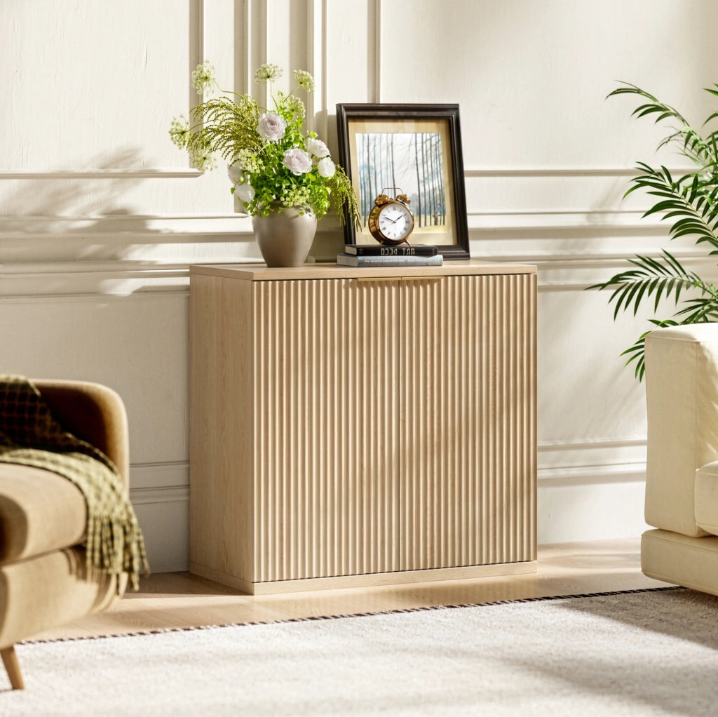 Sideboard a 2 ante con frontale scanalato; 80x40x80 cm; in MDF effetto rovere