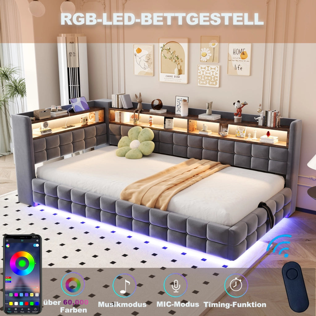 Letto a Divanetto Singolo 90x200 cm; Contenitore idraulico; USB; Type-C e LED - Grigio