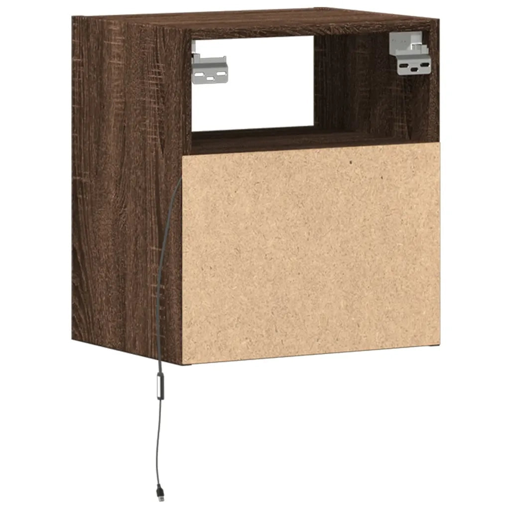 Set di 2 Comodini | Armadio da Notte | Mobiletto da notte a Parete con luci LED Rovere Marrone