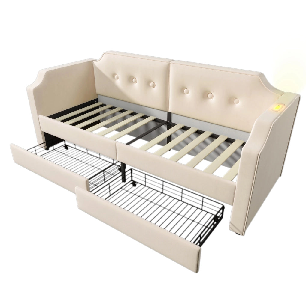 Letto imbottito 90x200 cm con cassetti, luce da lettura e USB Type-C