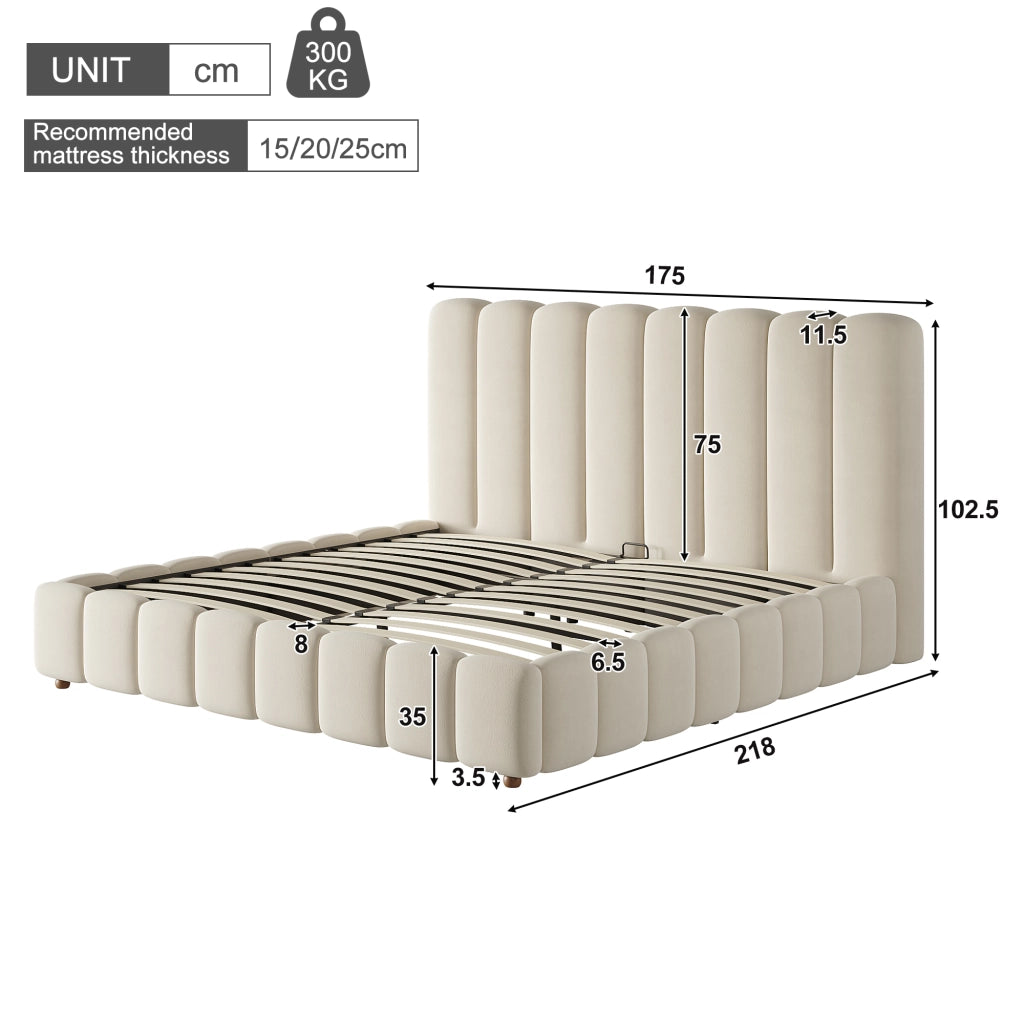 Letto matrimoniale 160 x 200 cm, testiera imbottita, vano portaoggetti, rivestimento in velluto, color beige