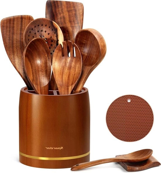 Set da 9 lembi di legno per cucchiai e coperchi in teak - lembiere - decorazione da cucina - regalo di benvenuto