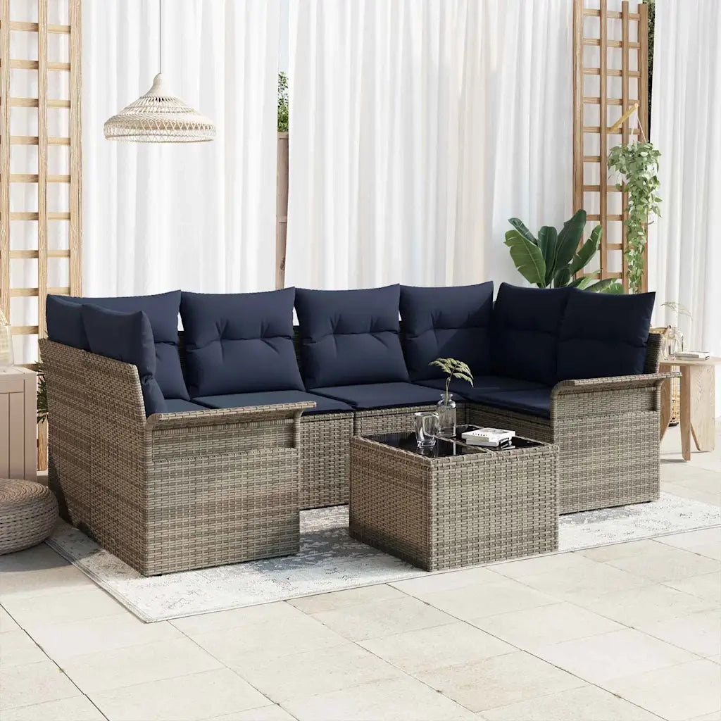 Set Divano da Giardino 7 pcs Grigio e Blu Navy polyrattan 3353934