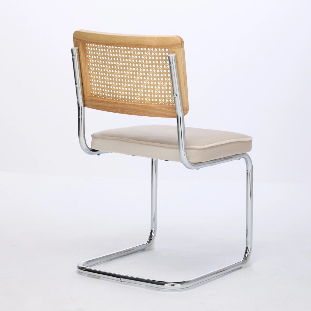 Set di 2 sedie da pranzo in stile Mid-Century Modern, sedie con rivestimento in velluto, schienale in canna naturale e base in acciaio inox cromato, f