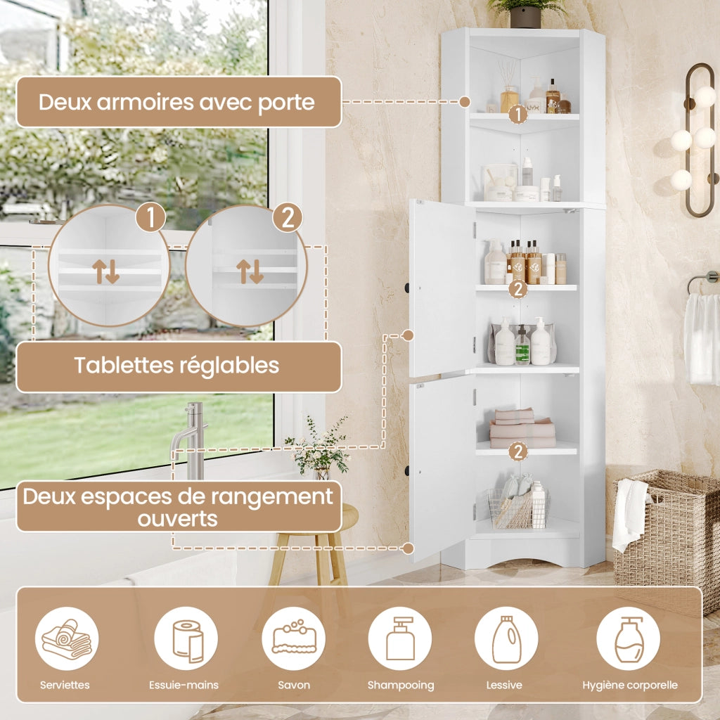Mobile angolare da bagno con 2 ante, 2 vani aperti e ripiani regolabili, in MDF laccato, bianco, 51.7 × 32 × 155.4 cm