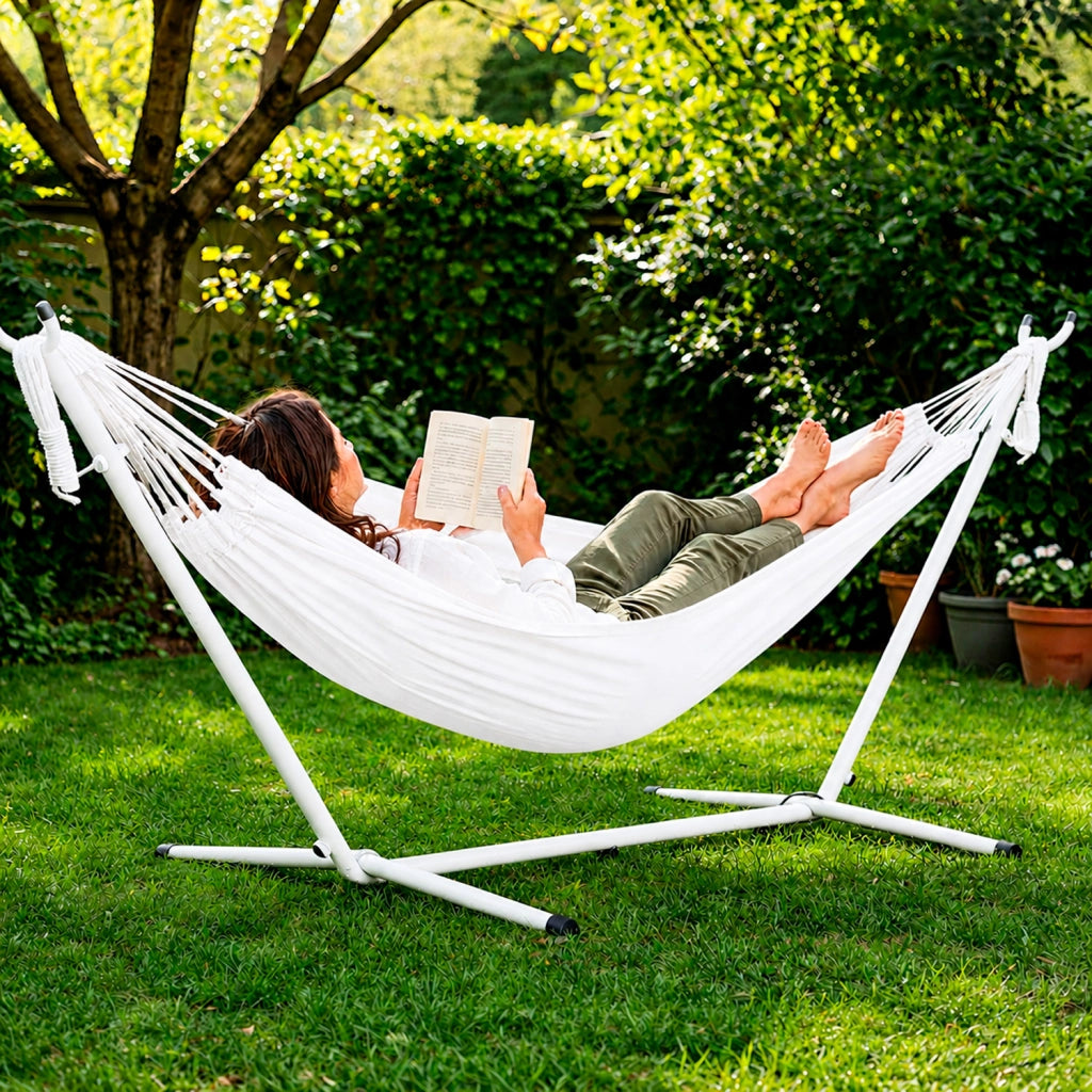 Amaca Da Giardino Con Telaio In Acciaio Portata 200 Kg Altezza Regolabile Telo Cotone Resistente Per Terrazzo Piscina Balcone Esterno Con Borsa 265 x 110 x 100 Cm Bianco