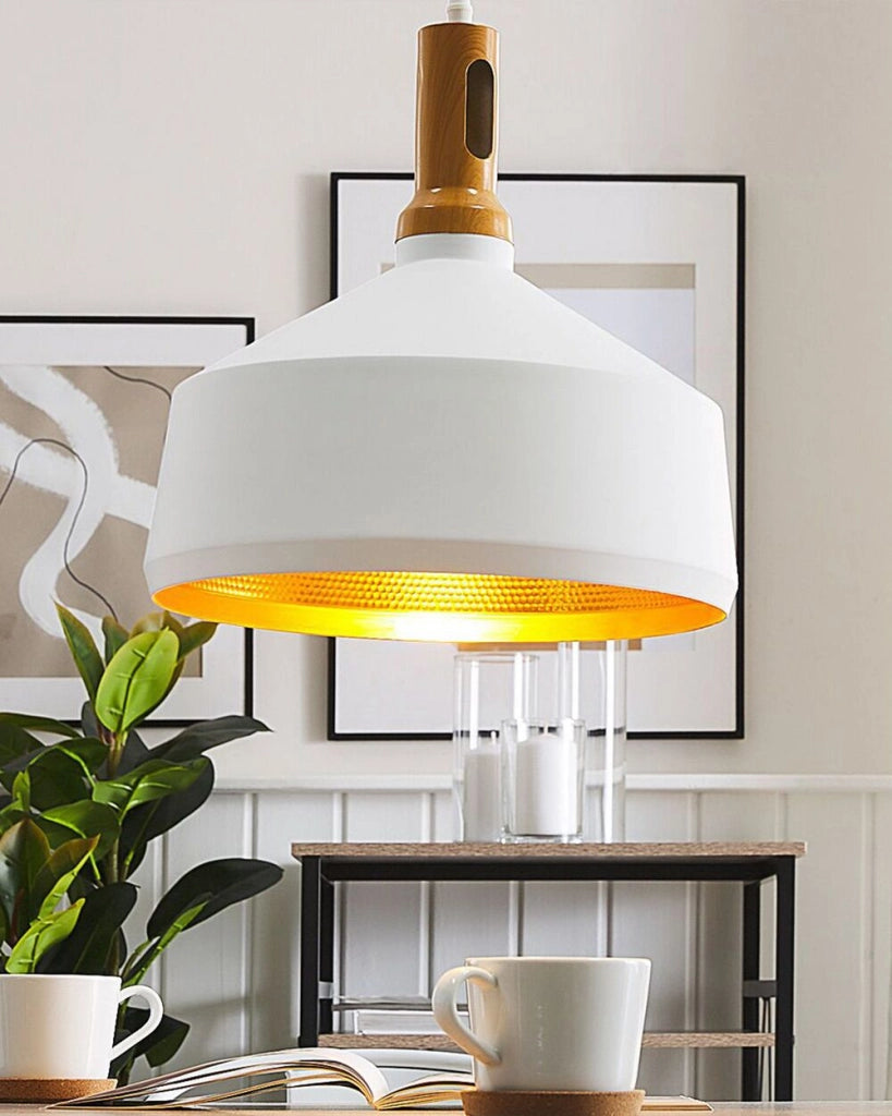 Lampadario Lampada a Sospensione Bianca con dorato e Legno Chiaro Alluminio Paralume Geometrico Rotondo Design Industriale