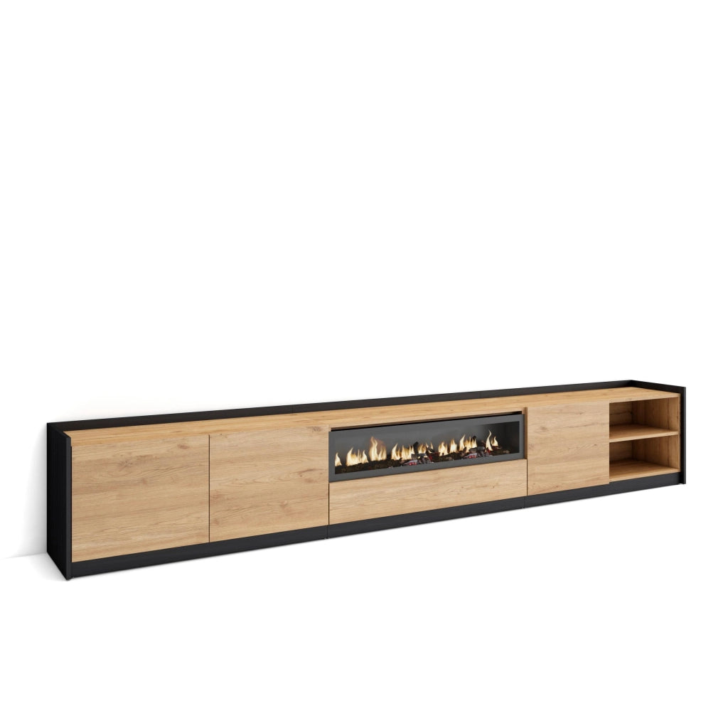Mobile TV Soggiorno, 310x50x37 cm, Per TV fino a 80", Camino elettrico, Rovere e nero