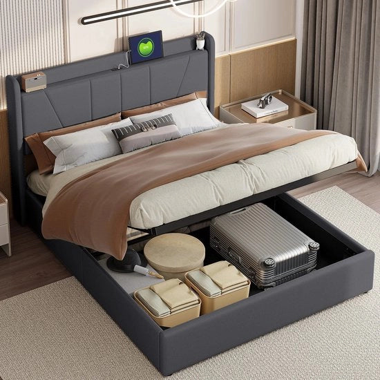 Letto a due posti in tessuto 140x200cm con illuminazione LED USB/Type C, spazio di stoccaggio sotto il letto, cassetti di stoccaggio