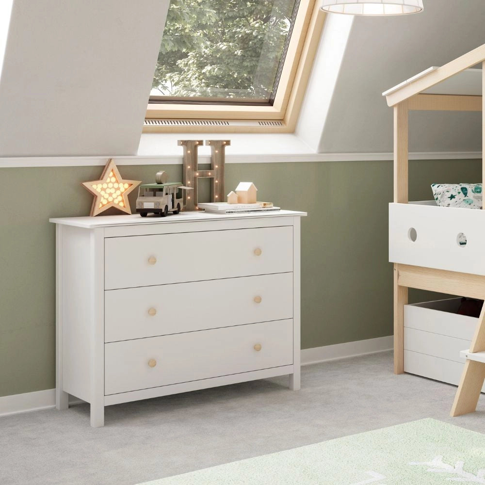 Comò Max 3 cassetti in legno massiccio bianco 100x40x80H