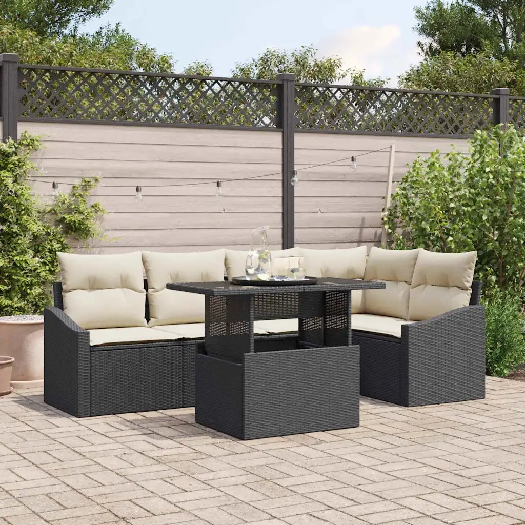 Set Divano da Giardino con cuscino 6 pcs Nero e Crema