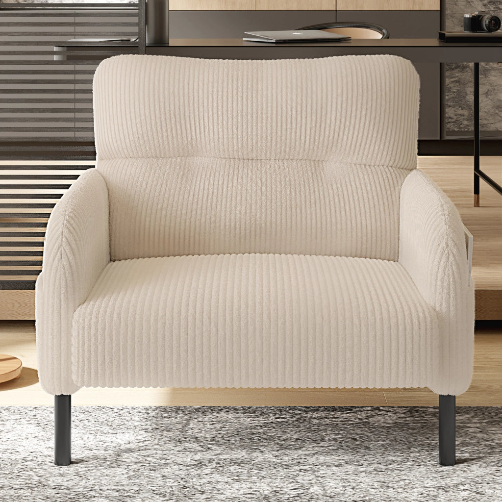 Poltrona Singola con Seduta Profonda con Tasche Laterali Comfort Ergonomico Struttura Metallo in Velluto a Coste Beige