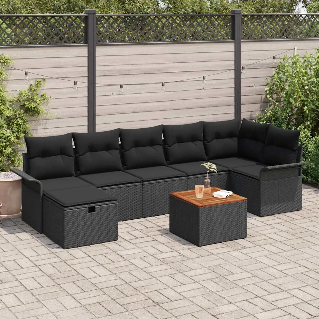 Set Divano da Giardino con cuscino 8 pcs Nero Poly Rattan