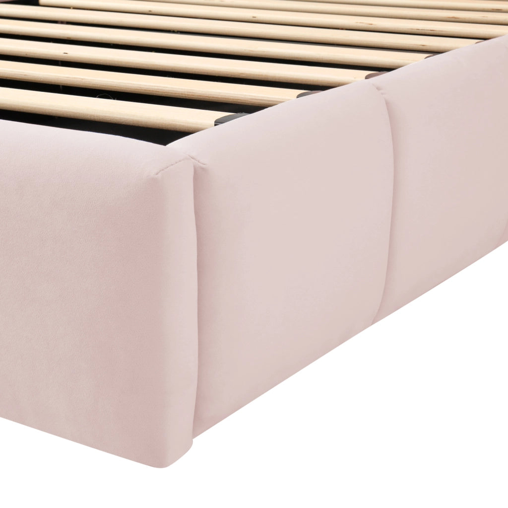 Letto singolo imbottito rosa con contenitore, rete a doghe e USB