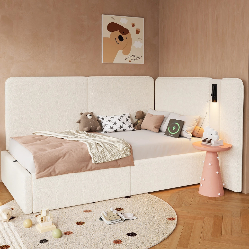 LETTO Contenitore idraulico 90x200 cm Beige Bouclé con lampada e USB