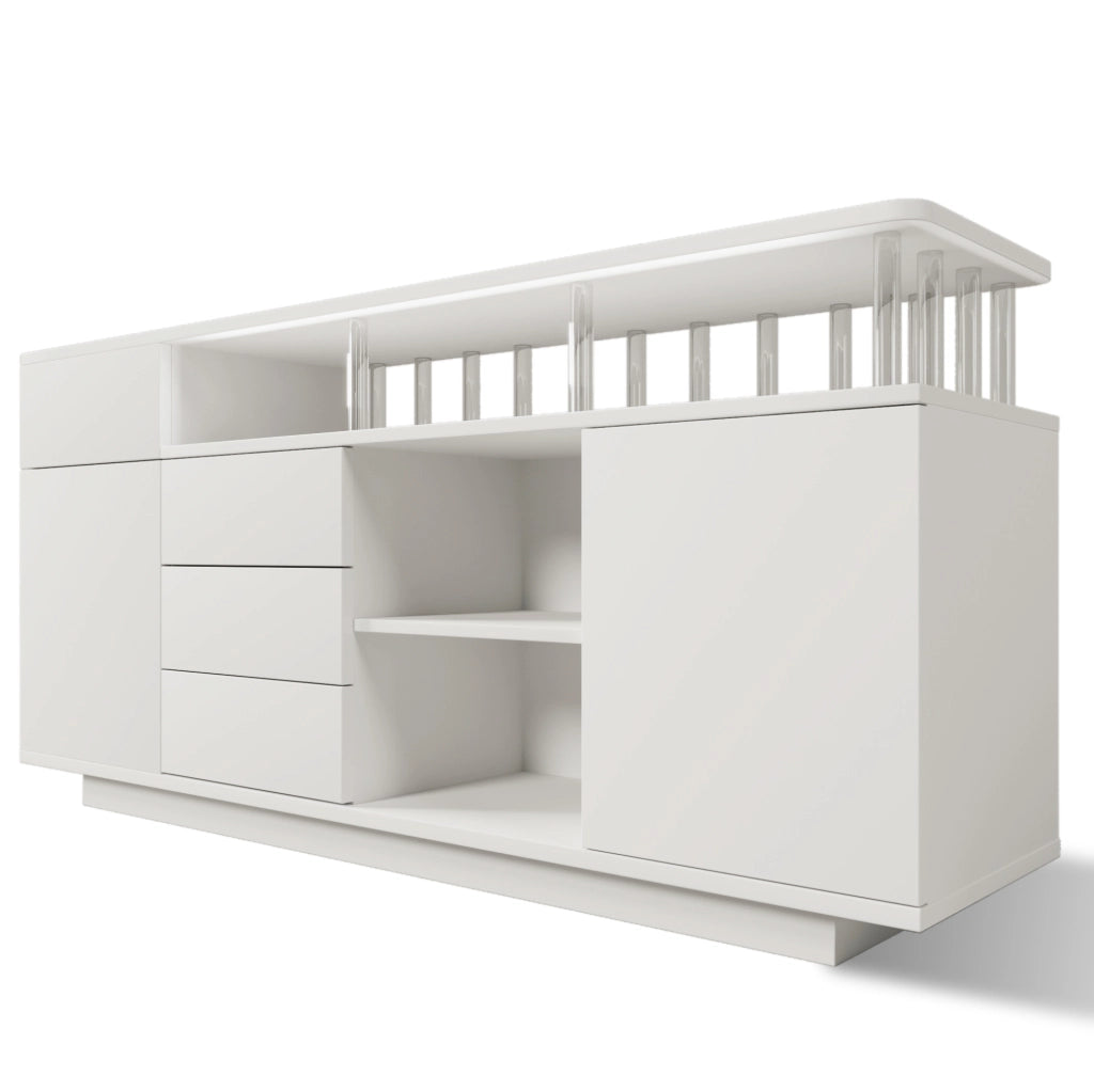 Sideboard bianco 160x40x75 cm con LED; ante e cassetti in MDF e acrilico