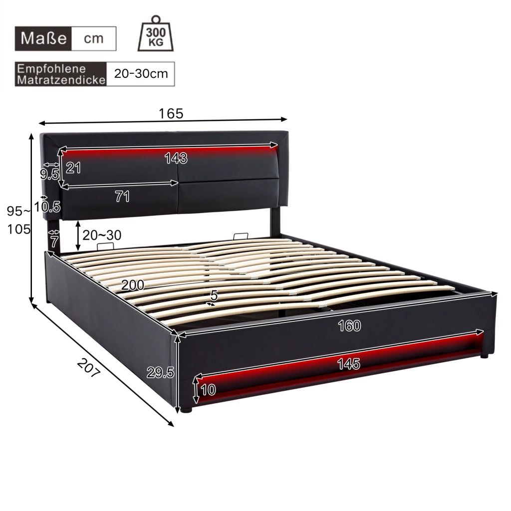 LETTO Imbottito 160x200 cm PU Nero con USB, LED e vano contenitore