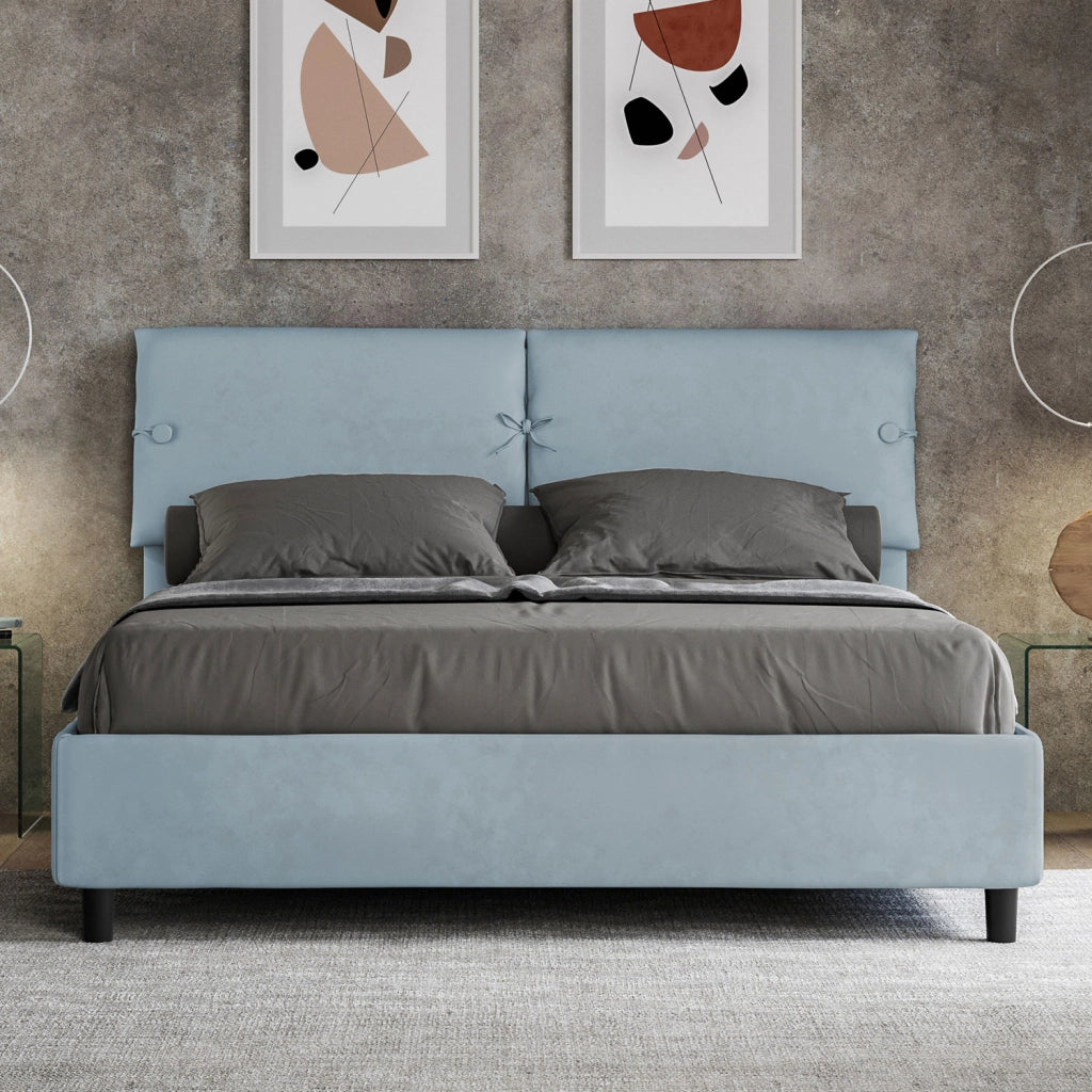 BS COM Letto matrimoniale senza rete imbottito 160x210 microfibra azzurro
