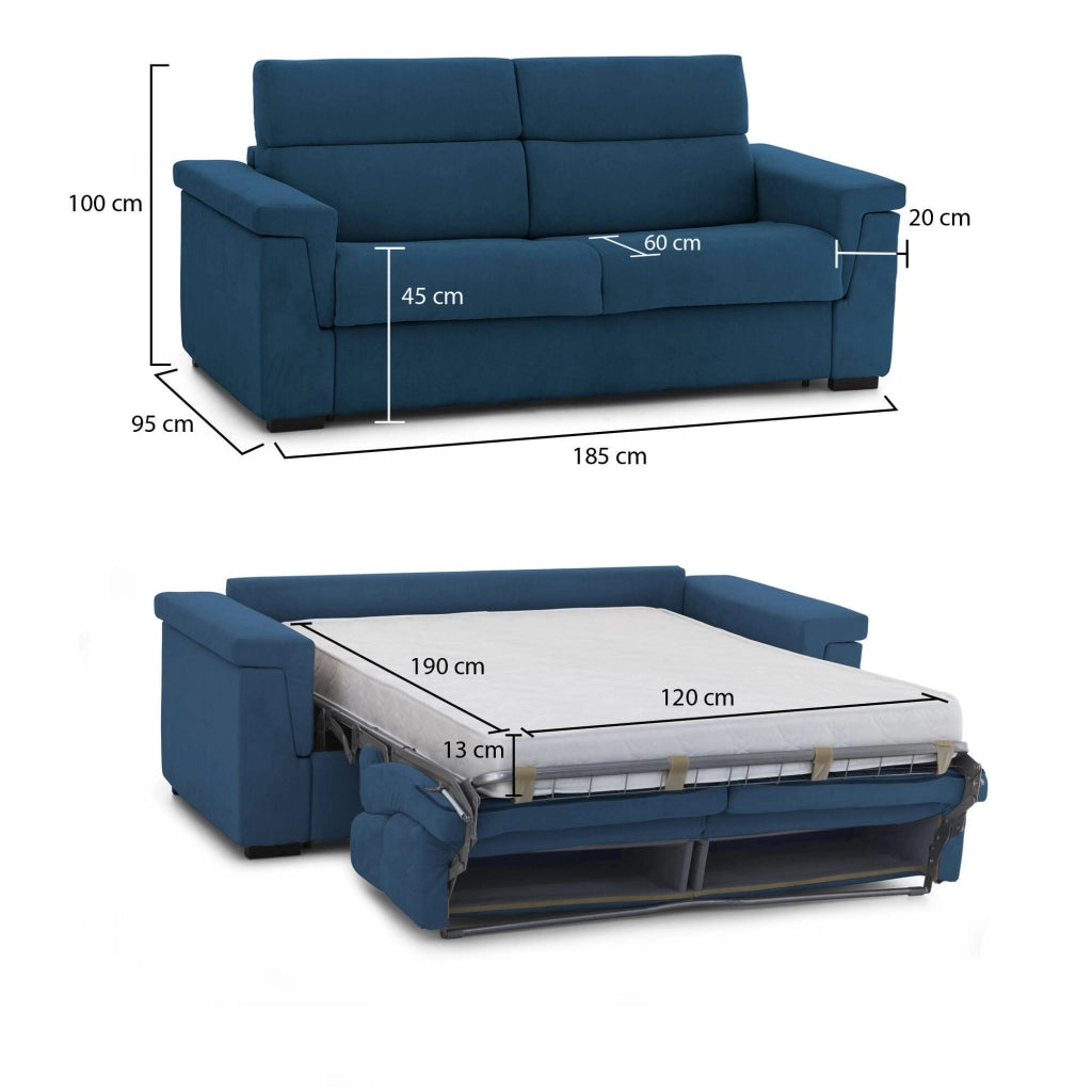 Tenna, Divano Letto 2 Posti Sfoderabile Made in Italy, 185x95 cm blu