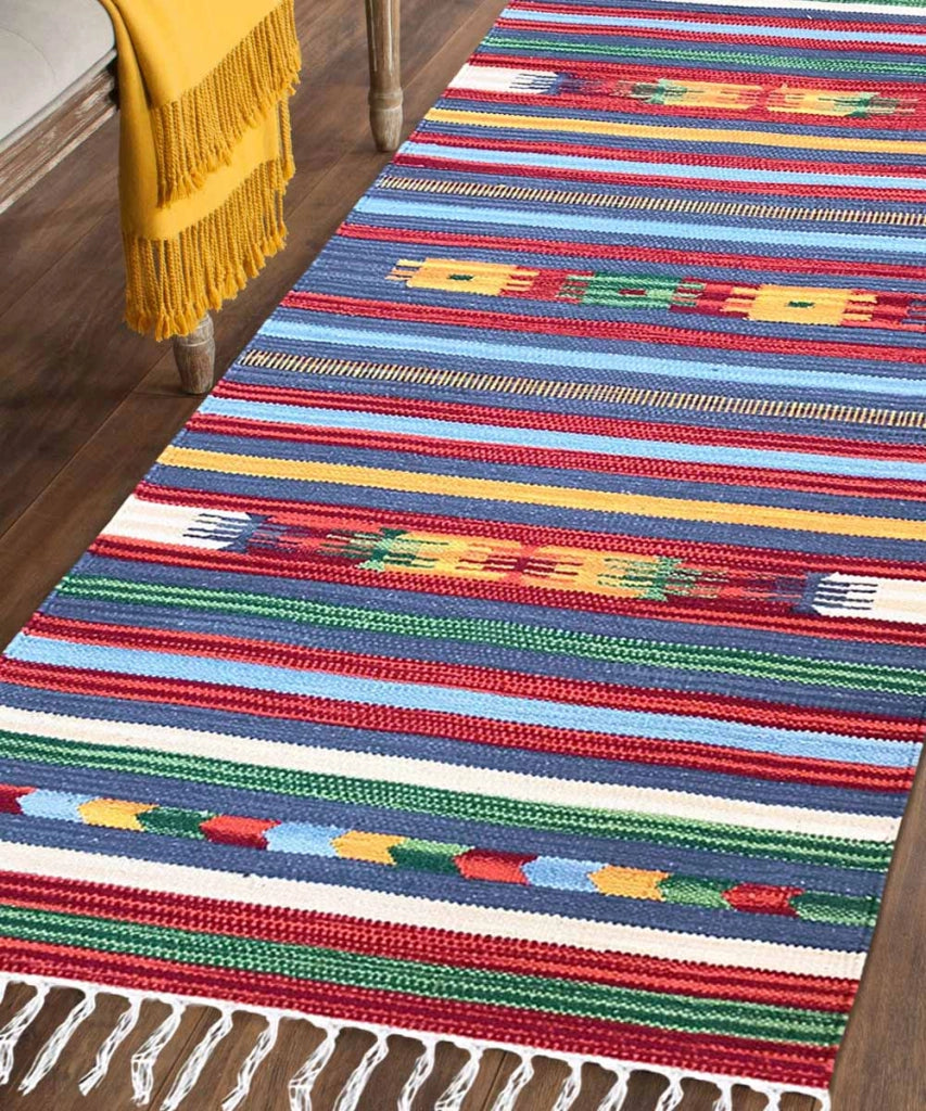 Tappeto KELIM 01 disegni etnici orientali colori vivaci cm.140x200 tessuto e frangia 100% cotone, lavabile in lavatrice