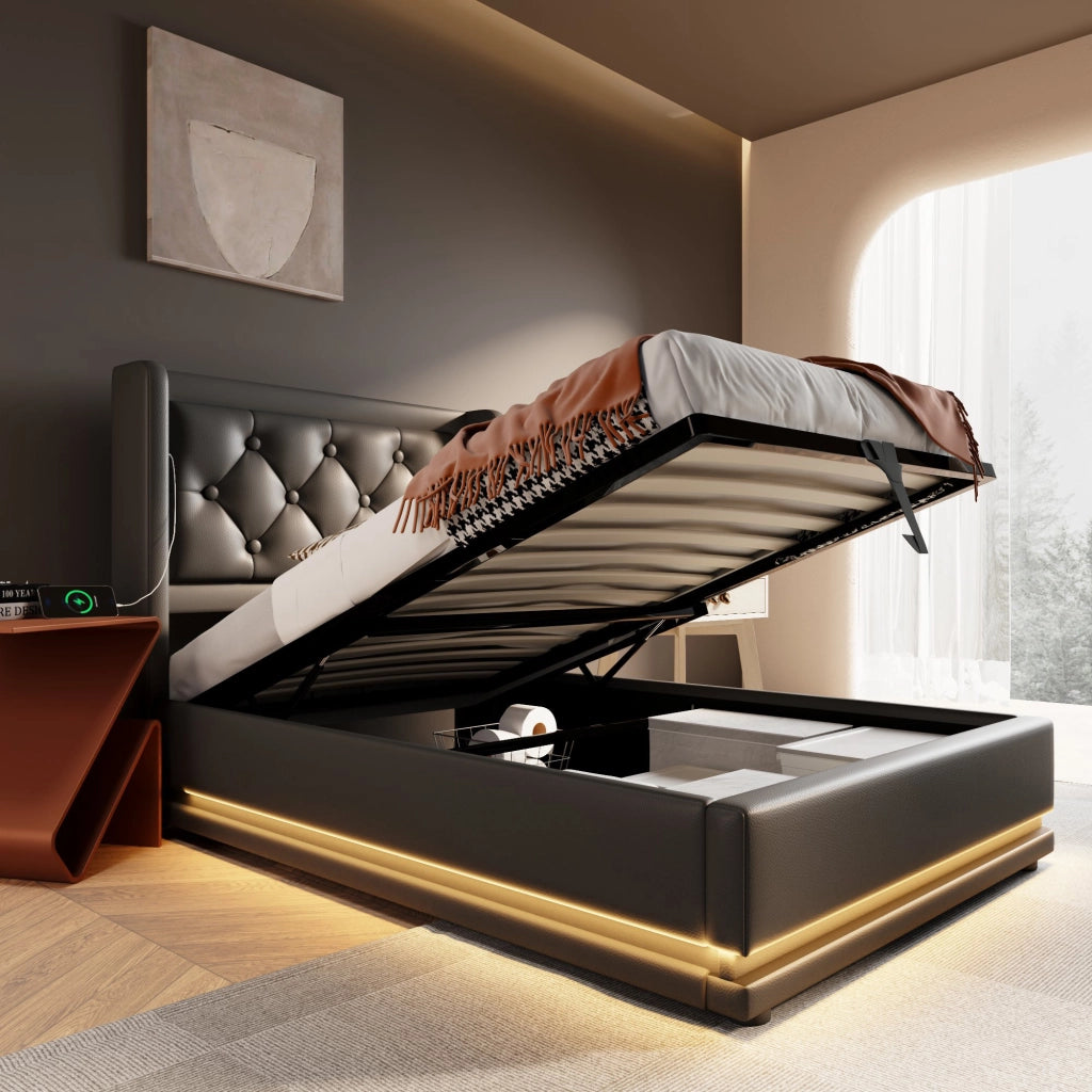 LETTO imbottito 90x200 cm in PU nero con USB Tipo C e LED