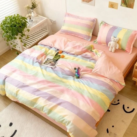 Duvetino per bambina, 135 x 200 cm, colorato, strisce arcobaleno, coperta per letto bambino, copriletto con cerniera e cuscini 80 x 80 cm