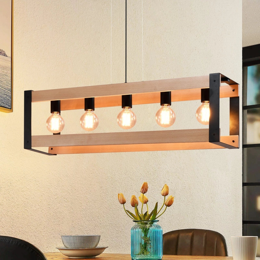 Lampada a sospensione ZMH 5 Luci in Legno ZMH Metallo Vintage Nero E27