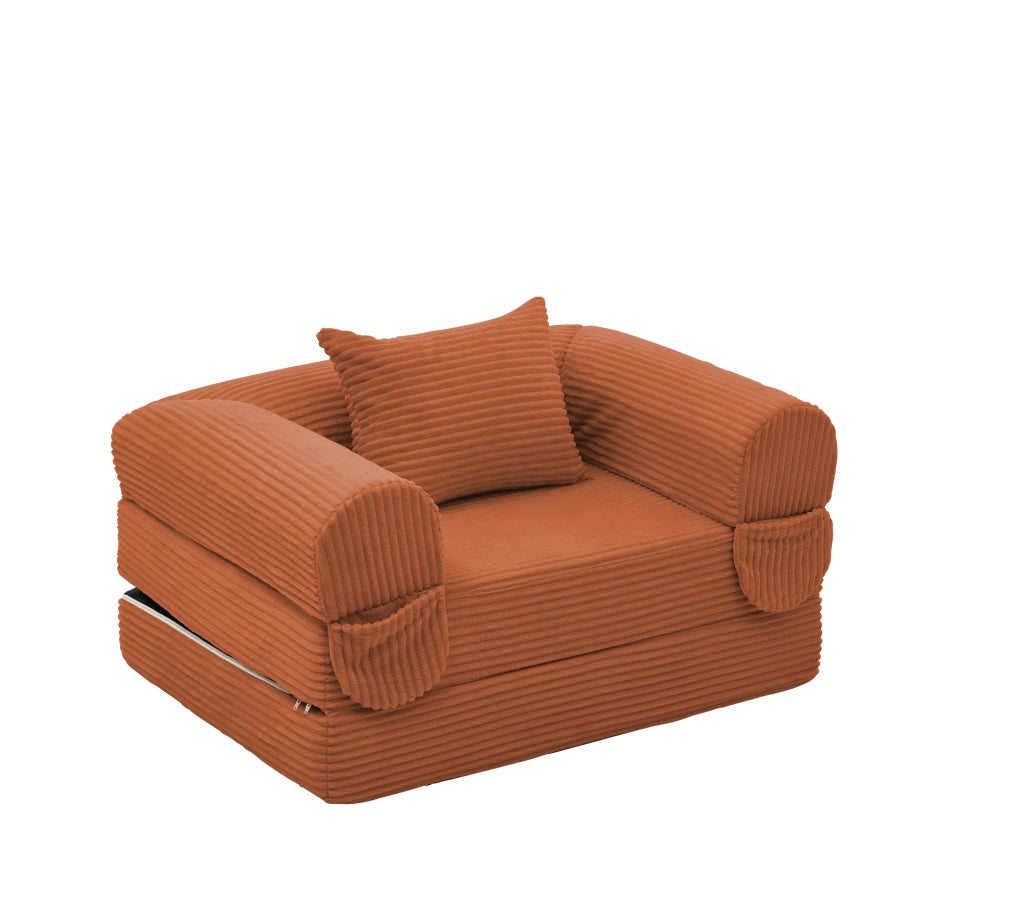 Poltrona letto singola convertibile 2 in 1 con cuscino e design salvaspazio in tessuto a coste arancione