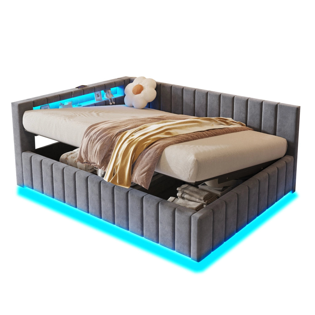 Letto imbottito 140x200 con contenitore idraulico, LED e USB