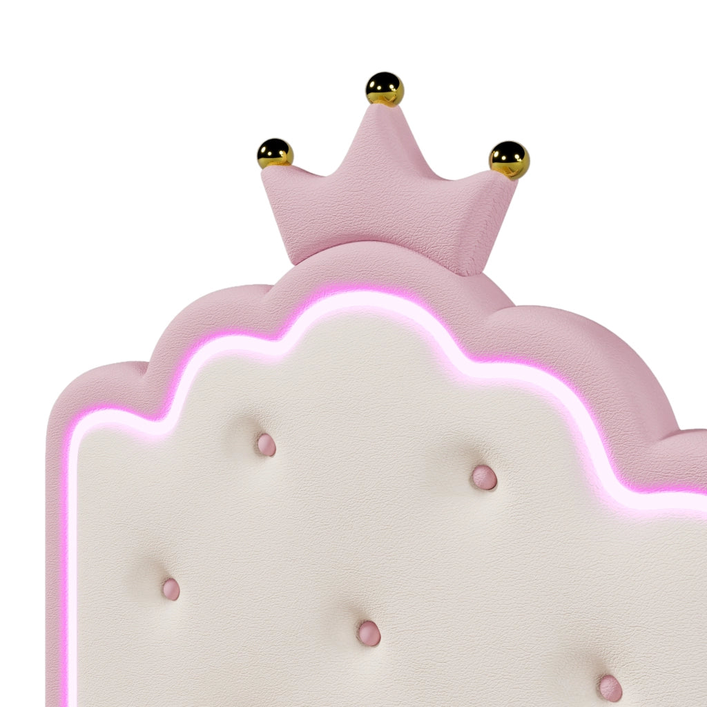 Letto per bambini imbottito 90×200 cm con rete; contenitore idraulico e LED; senza materasso; PU; rosa