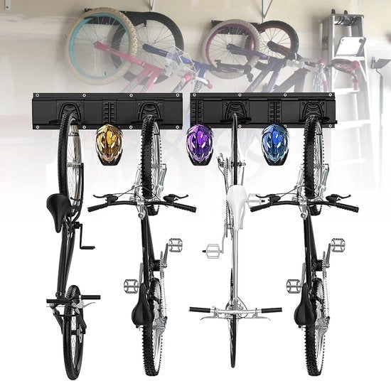 Supporto per biciclette per 4 biciclette e 3 anelli di appoggio per casco, Supporto per biciclette per garage o casa, Parete verticale, Supporto per biciclette, Anelli di appoggio sicuri, Sostegno fino a 250 kg, Progettato per risparmiare spazio